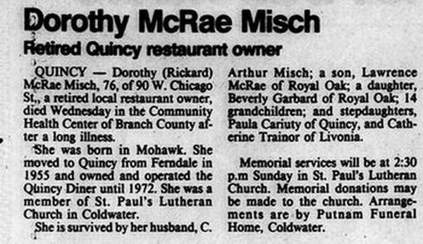 Quincy Diner - Sep 3 1987 Former Owner Passes Away